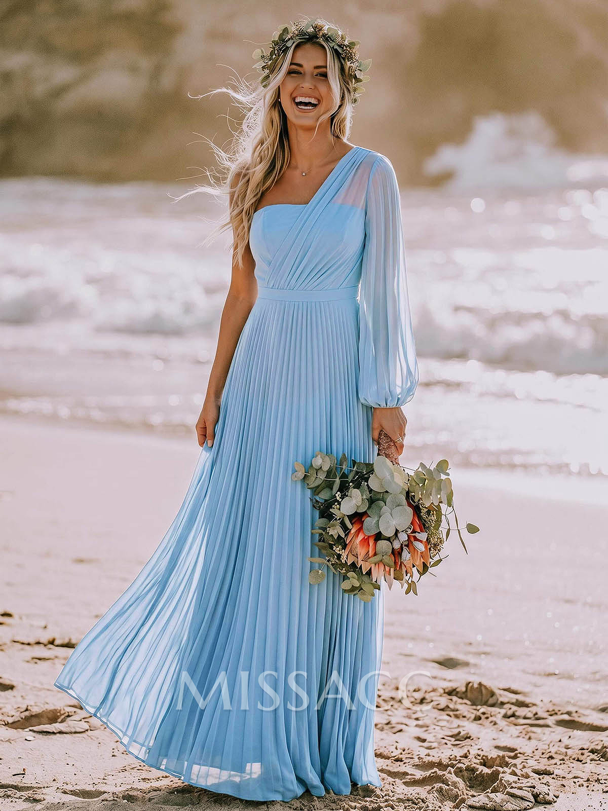 A-Line One-Shoulder Long Sleeves Floor-Length Chiffon Bridesmaid Dresses With Pleated