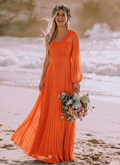 A-Line One-Shoulder Long Sleeves Floor-Length Chiffon Bridesmaid Dresses With Pleated
