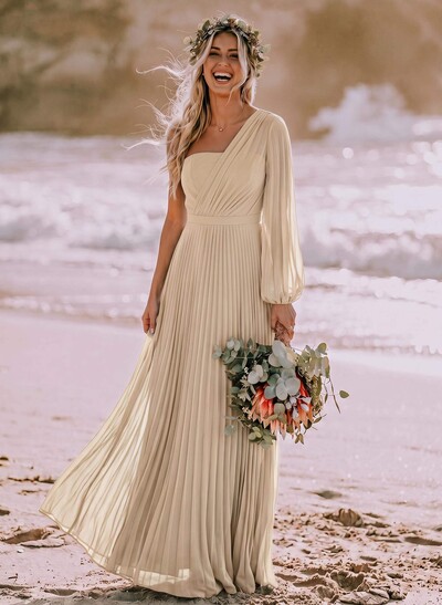 A-Line One-Shoulder Long Sleeve Maxi Chiffon Bridesmaid Dresses with Pleats