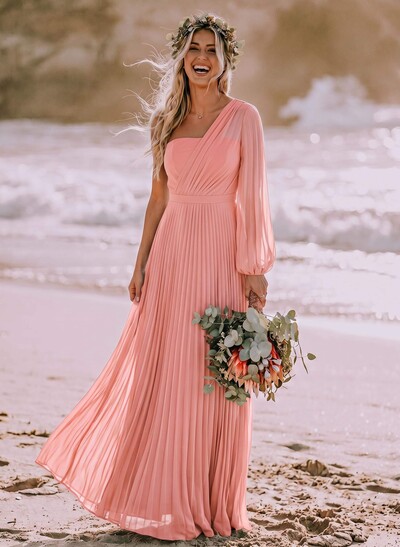 A-Line One-Shoulder Long Sleeves Floor-Length Chiffon Bridesmaid Dresses With Pleated