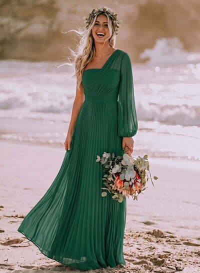 A-Line One-Shoulder Long Sleeves Floor-Length Chiffon Bridesmaid Dresses With Pleated