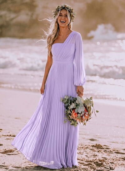 A-Line One-Shoulder Long Sleeve Maxi Chiffon Bridesmaid Dresses with Pleats