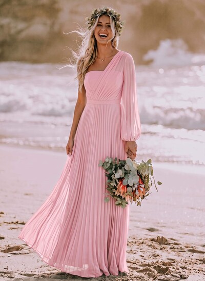 A-Line One-Shoulder Long Sleeves Floor-Length Chiffon Bridesmaid Dresses With Pleated