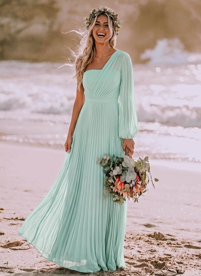 A-Line One-Shoulder Long Sleeves Floor-Length Chiffon Bridesmaid Dresses With Pleated