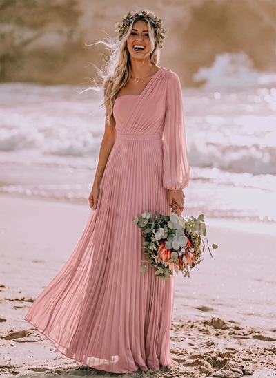 A-Line One-Shoulder Long Sleeves Floor-Length Chiffon Bridesmaid Dresses With Pleated