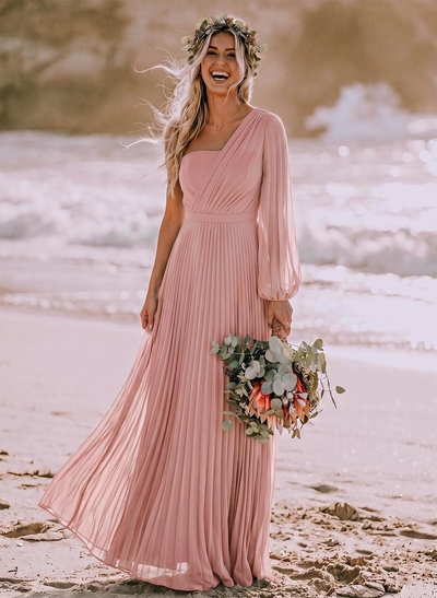 A-Line One-Shoulder Long Sleeves Floor-Length Chiffon Bridesmaid Dresses With Pleated