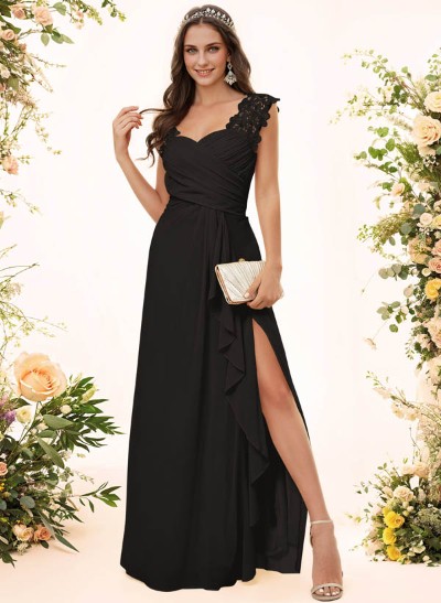 Sheath Sweetheart Sleeveless Floor-Length Chiffon Bridesmaid Dresses With Lace