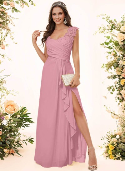 Sheath Sweetheart Sleeveless Floor-Length Chiffon Bridesmaid Dresses With Lace