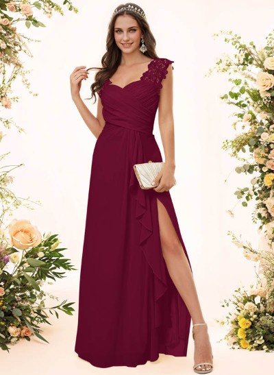 Sheath Sweetheart Sleeveless Floor-Length Chiffon Bridesmaid Dresses With Lace