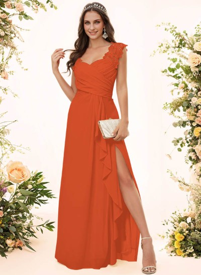 Sheath Sweetheart Sleeveless Floor-Length Chiffon Bridesmaid Dresses With Lace