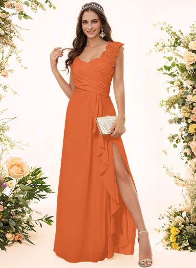 Sheath Sweetheart Sleeveless Floor-Length Chiffon Bridesmaid Dresses With Lace