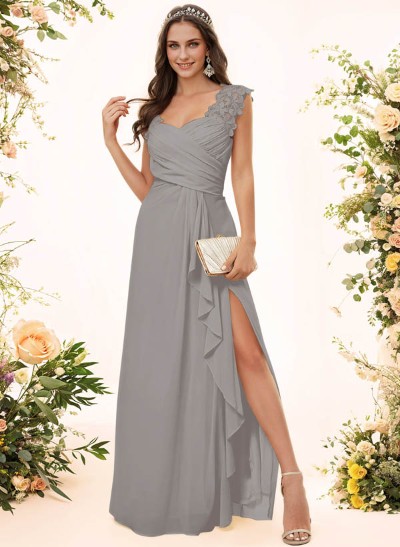 Sheath Sweetheart Sleeveless Floor-Length Chiffon Bridesmaid Dresses With Lace