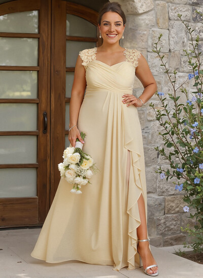 Sheath Sweetheart Sleeveless Floor-Length Chiffon Bridesmaid Dresses With Lace