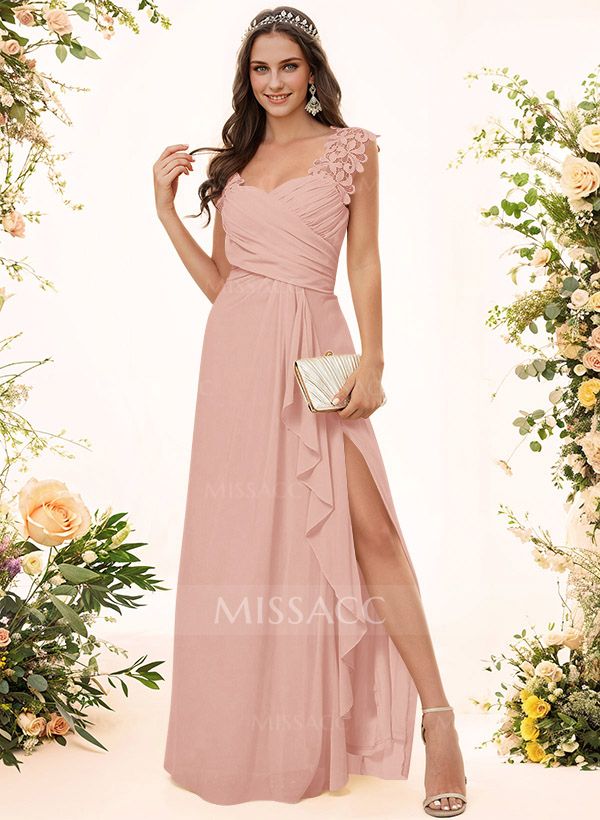 Sheath Sweetheart Sleeveless Floor-Length Chiffon Bridesmaid Dresses With Lace