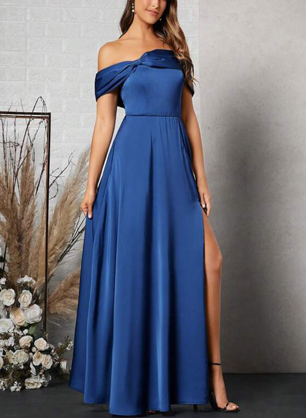 Off-The-Shoulder Sleeveless Floor-Length Charmeuse Bridesmaid Dresses With Bow(s)