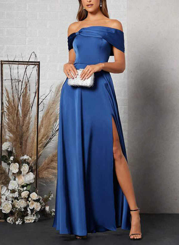 Off-The-Shoulder Sleeveless Floor-Length Charmeuse Bridesmaid Dresses With Bow(s)