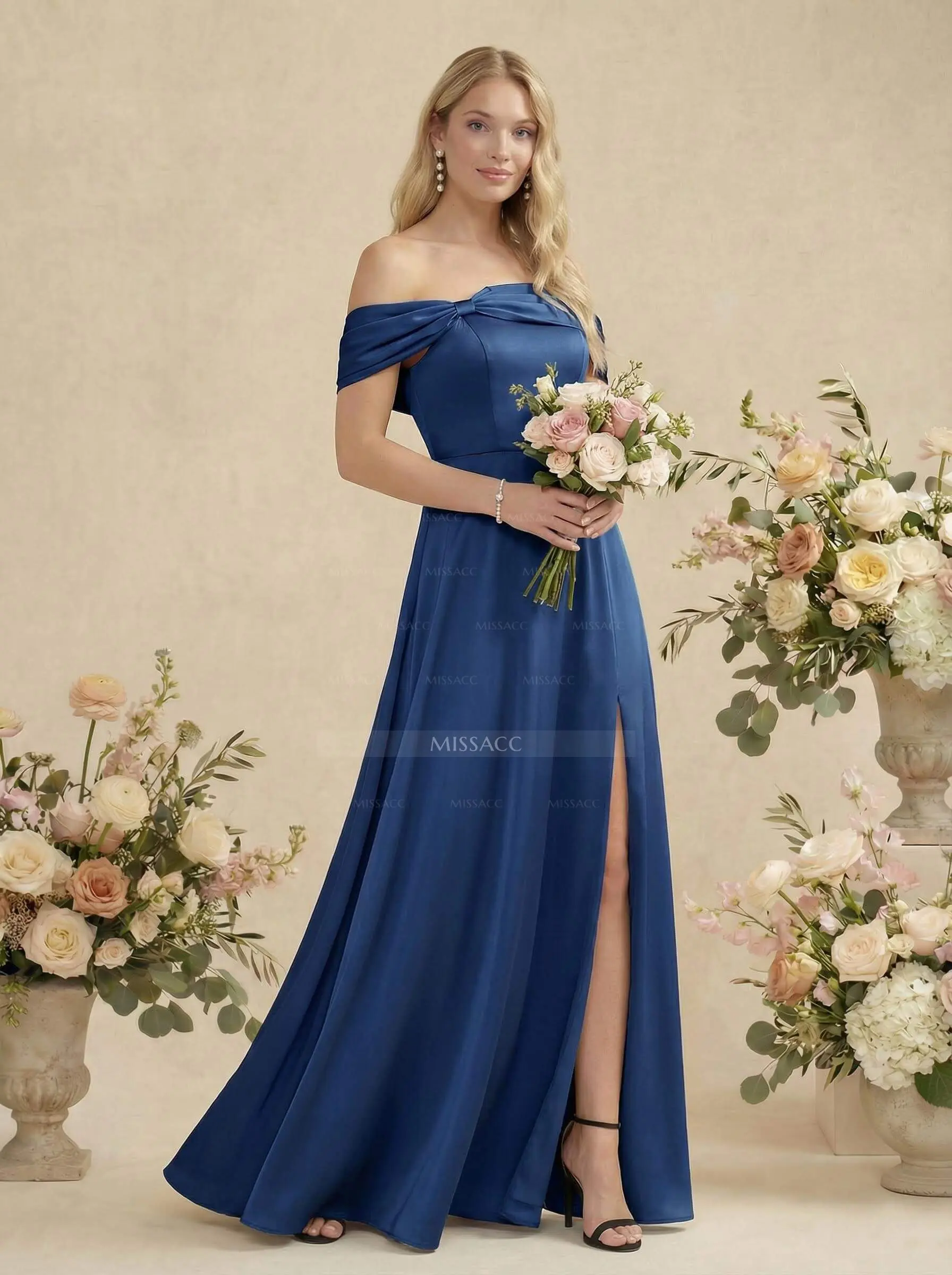 Off-The-Shoulder Sleeveless Floor-Length Bridesmaid Dresses With Bow(s) - Missacc UK Off-The-Shoulder Sleeveless Floor-Length Bridesmaid Dresses With Bow(s) - Missacc UK