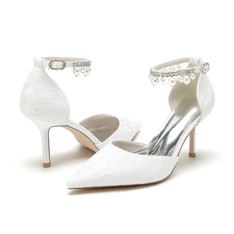 Stiletto Heel Point Toe Lace/Silk Like Satin Wedding Shoes With Rhinestone