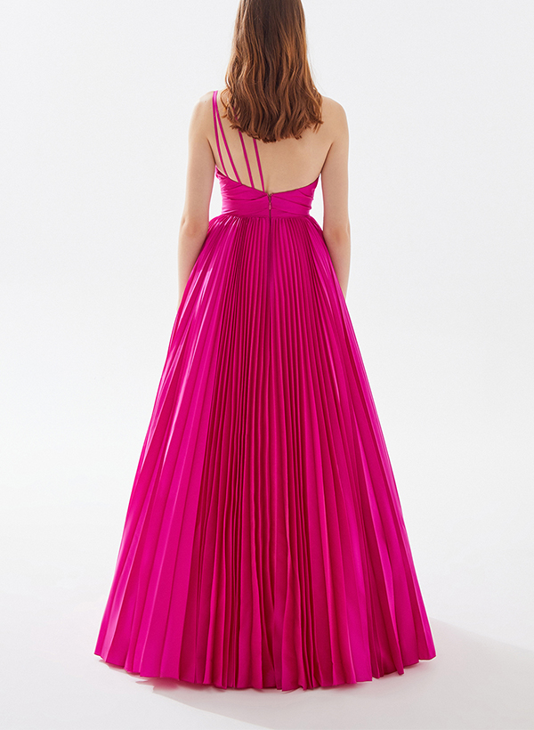 A-Line One-Shoulder Sleeveless Floor-Length Satin Evening Dresses