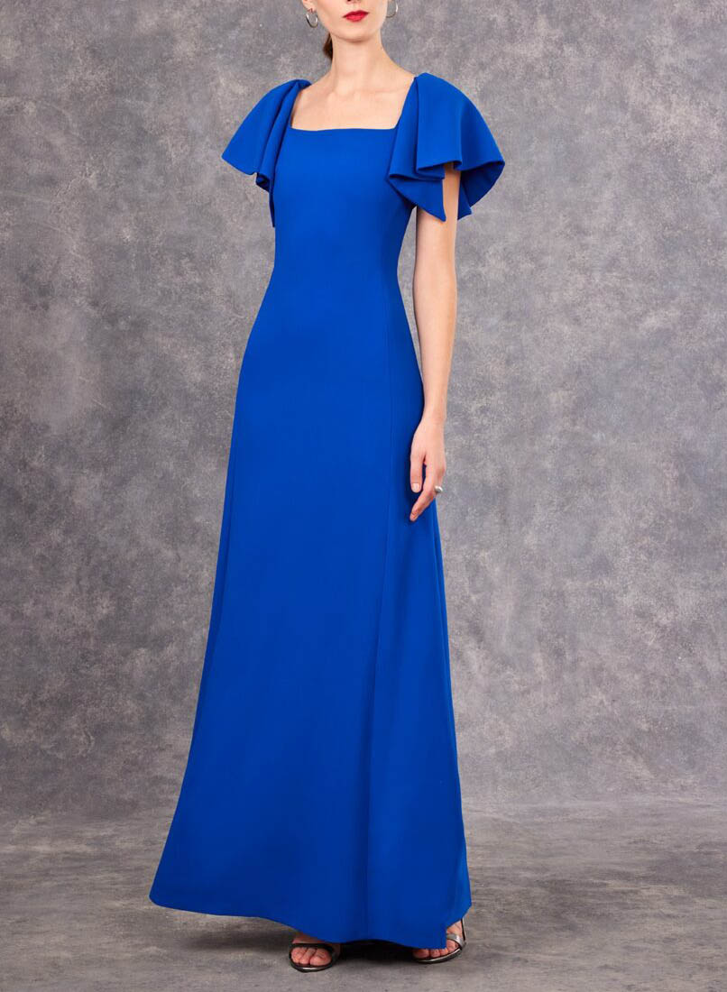 Simple Square Neckline Elastic Satin Blue Evening Dresses