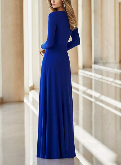 Elegant A-Line V-Neck Long Sleeves Floor-Length Jersey Evening Dresses