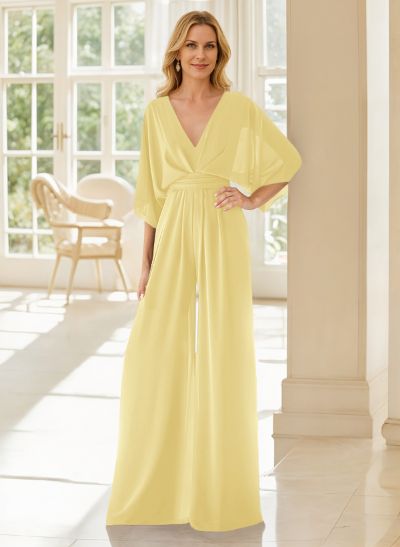 Jumpsuit/Pantsuit V-Neck 3/4 Sleeves Chiffon Evening Dresses