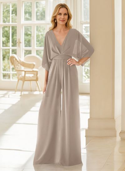 Jumpsuit/Pantsuit V-Neck 3/4 Sleeves Chiffon Evening Dresses
