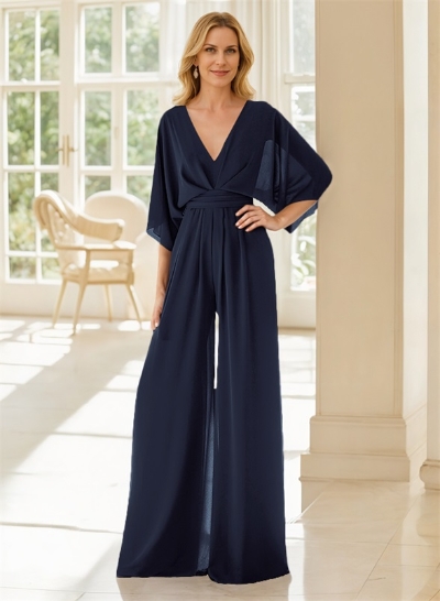 Jumpsuit/Pantsuit V-Neck 3/4 Sleeves Chiffon Evening Dresses