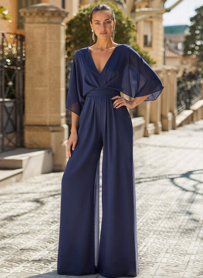 Jumpsuit/Pantsuit V-Neck 3/4 Sleeves Chiffon Evening Dresses