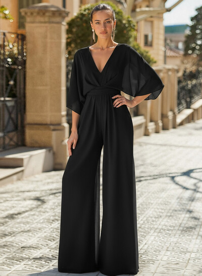 Jumpsuit/Pantsuit V-Neck 3/4 Sleeves Chiffon Evening Dresses