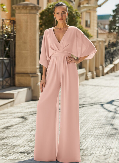 Jumpsuit/Pantsuit V-Neck 3/4 Sleeves Chiffon Evening Dresses