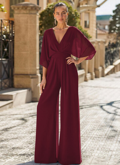 Jumpsuit/Pantsuit V-Neck 3/4 Sleeves Chiffon Evening Dresses