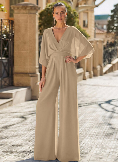 Jumpsuit/Pantsuit V-Neck 3/4 Sleeves Chiffon Evening Dresses