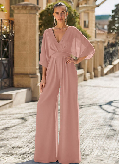 Jumpsuit/Pantsuit V-Neck 3/4 Sleeves Chiffon Evening Dresses