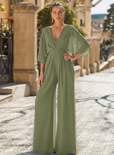 Jumpsuit/Pantsuit V-Neck 3/4 Sleeves Chiffon Evening Dresses