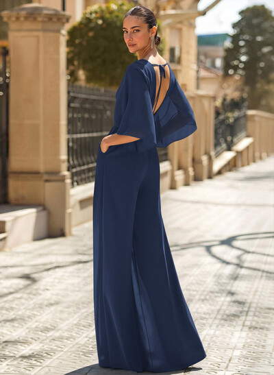 Jumpsuit/Pantsuit V-Neck 3/4 Sleeves Chiffon Evening Dresses