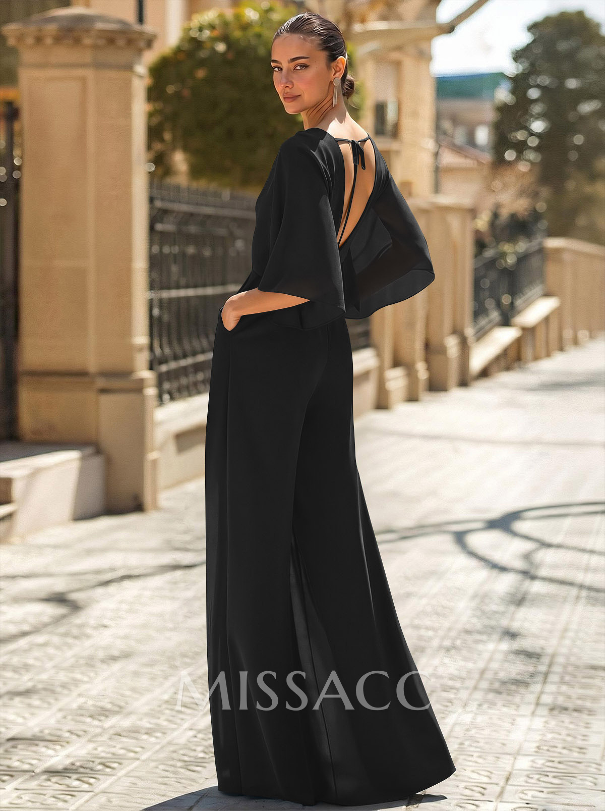 Jumpsuit/Pantsuit V-Neck 3/4 Sleeves Chiffon Evening Dresses