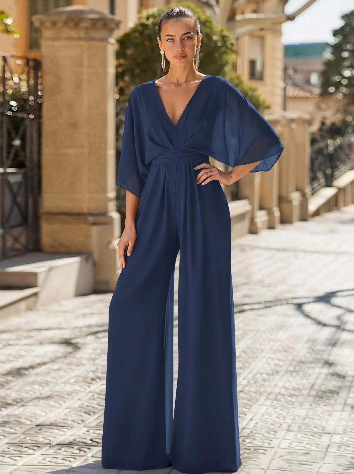 Jumpsuit/Pantsuit V-Neck 3/4 Sleeves Chiffon Evening Dresses Jumpsuit/Pantsuit V-Neck 3/4 Sleeves Chiffon Evening Dresses