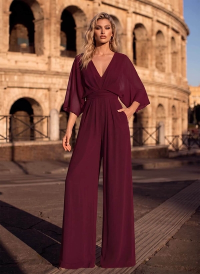 Jumpsuit/Pantsuit V-Neck 3/4 Sleeves Chiffon Evening Dresses