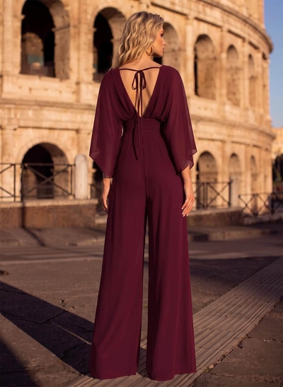 Jumpsuit/Pantsuit V-Neck 3/4 Sleeves Chiffon Evening Dresses