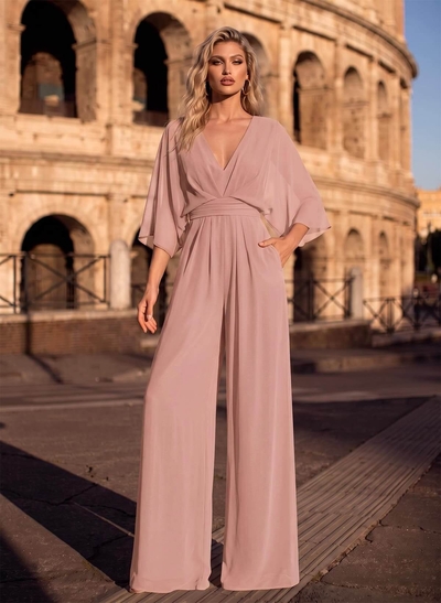 Jumpsuit/Pantsuit V-Neck 3/4 Sleeves Chiffon Evening Dresses