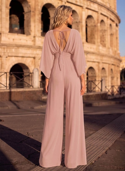 Jumpsuit/Pantsuit V-Neck 3/4 Sleeves Chiffon Evening Dresses