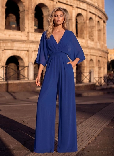 Jumpsuit/Pantsuit V-Neck 3/4 Sleeves Chiffon Evening Dresses