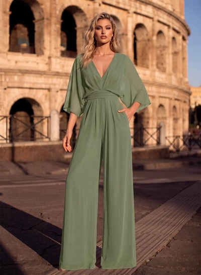 Jumpsuit/Pantsuit V-Neck 3/4 Sleeves Chiffon Evening Dresses