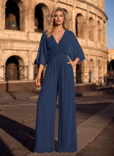 Jumpsuit/Pantsuit V-Neck 3/4 Sleeves Chiffon Evening Dresses