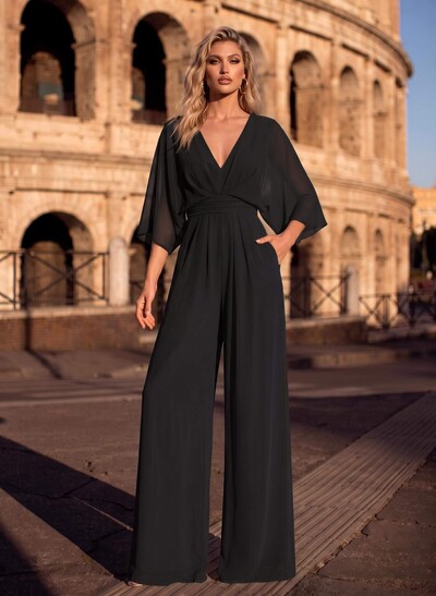 Jumpsuit/Pantsuit V-Neck 3/4 Sleeves Chiffon Evening Dresses