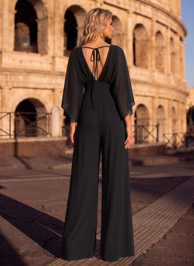 Jumpsuit/Pantsuit V-Neck 3/4 Sleeves Chiffon Evening Dresses