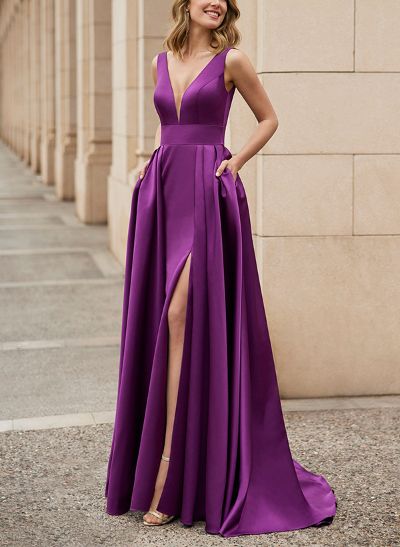 A-Line V-Neck Sleeveless Sweep Train Satin Evening Dresses With Split Front