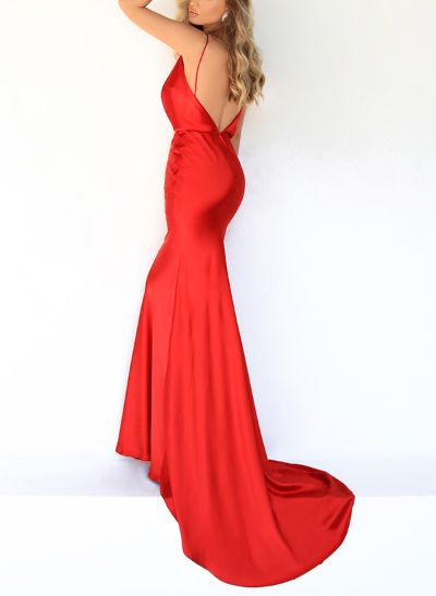 Trumpet/Mermaid Cowl Neck Sleeveless Sweep Train Satin Evening Dresses