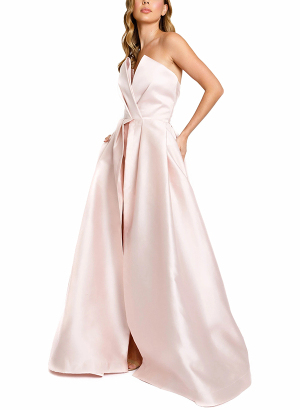 A-Line Strapless Sleeveless Floor-Length Satin Evening Dresses